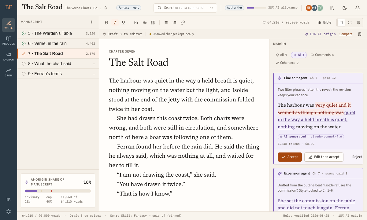 The Write screen: chapter tree, manuscript canvas and the AI suggestion rail